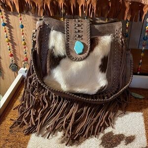 Fringed Cowhide Crossbody Bag with Turquoise Accent - Brown/White